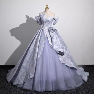 宮廷風不對稱抹胸晚禮服裙女 藍色高階輕奢生日宴會禮服 高階感緞麵成人禮聲樂藝考晚禮服 法式優雅成人禮禮服