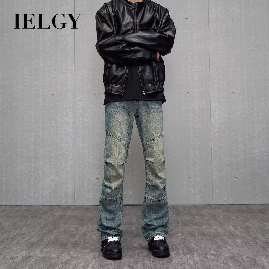 Ielgy 高街微喇叭男士牛仔褲休閒復古百褶褲