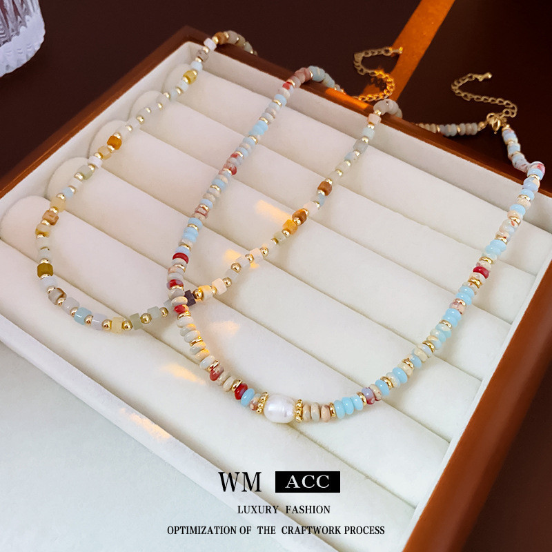 彩色串珠天然石珍珠項鍊 簡約百搭鎖骨鏈 氣質時尚項飾女款批發