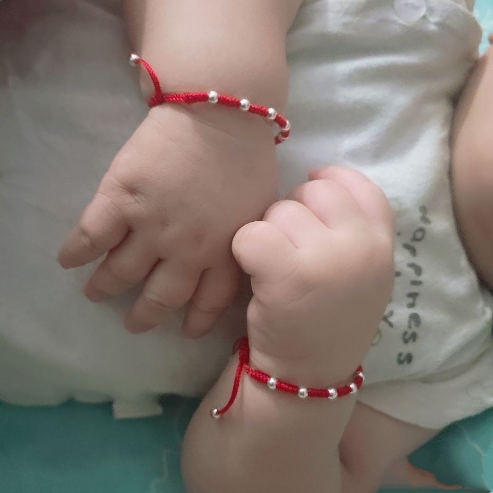 銀珠足銀手鍊手工編織男女寶寶嬰兒滿月週歲禮紅繩手鍊4.18