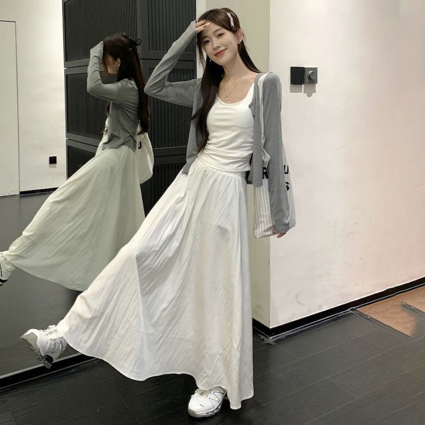 【DAH熱賣】韓系薄款長袖小外套打底吊帶背心白色長裙女春季新款時尚三件式