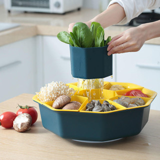 廚房 旋轉火鍋 轉盤 蔬菜拼盤 家用 分格塑膠 雙層 洗菜籃 瀝水籃水果盆