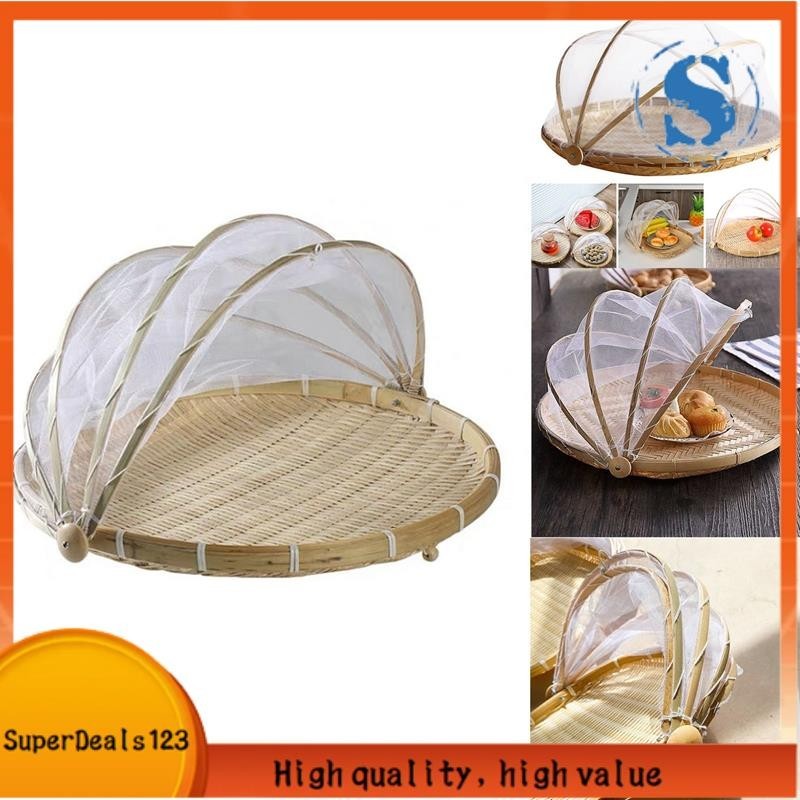 【SuperDeals123】手工編織食品服務帳篷籃托盤水果蔬菜麵包收納籃簡約戶外野餐網罩