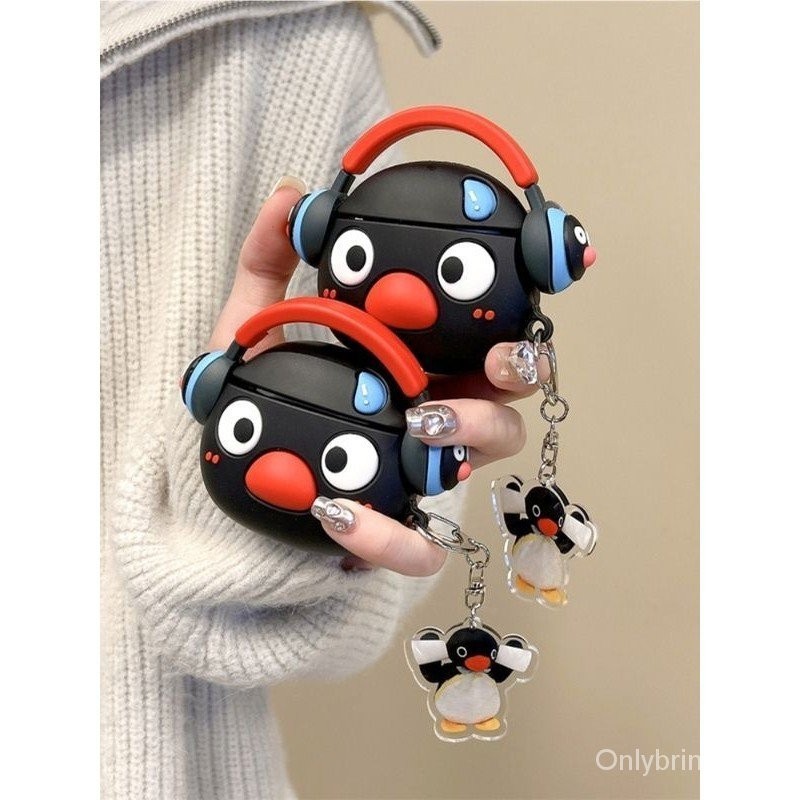 可愛黑色音樂企鵝戴耳機華為freeclip耳機保護套freebuds 5耳機殼情侶款可愛