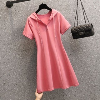 連帽連衣裙女2025年夏季新款短袖氣質時尚收腰顯瘦遮肉中長款裙子 短袖洋裝 韓風洋裝 連身裙洋裝 夏天洋裝連衣裙「樂購」