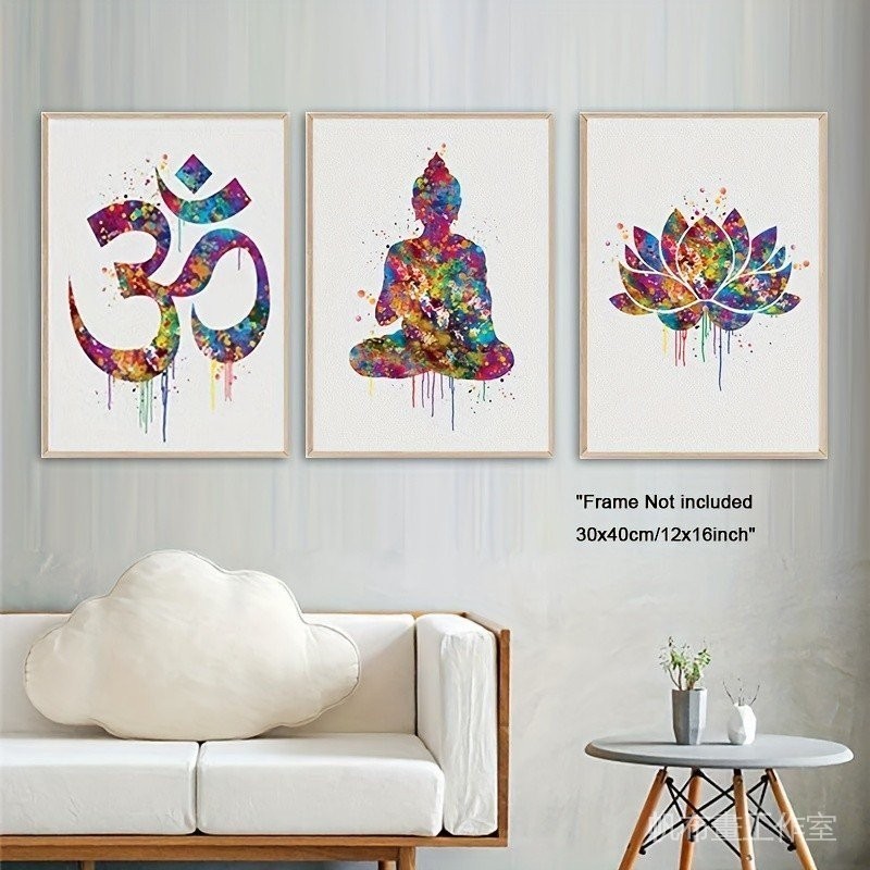 3 件套瑜伽現代佛教帆布海報,抽象佛歐姆蓮花符號牆印,臥室客廳走廊牆壁藝術的理想禮物,室內裝飾