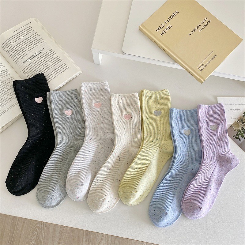 柳惠珠襪子 點子紗愛心刺繡雙針襪子女中筒襪韓系彩點紗堆堆襪彩色純棉襪子