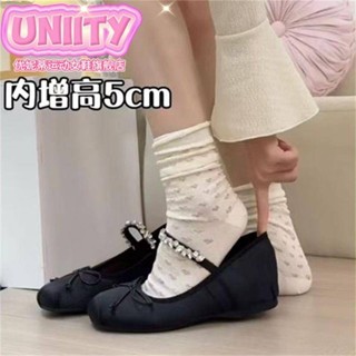 【臺灣出貨】5cm小個子隱形增高芭蕾舞鞋女2024水鑽蝴蝶結淺口綢緞外穿單鞋女 芭蕾舞鞋 平底鞋 包頭鞋 平底鞋女 娃娃