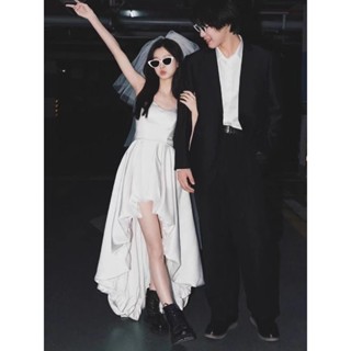 C|YW法式弔帶輕婚紗女小個子新娘白色複古簡約禮服裙緞麵小白裙小眾