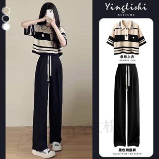 米尚衣櫥✨時尚套裝女夏季新款韓版寬松鹽系穿搭條紋Polo領上衣闊腿褲兩件套