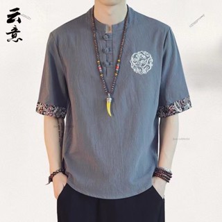 批發價亞麻短袖T恤男夏季中式上衣中國風男裝唐裝半袖胖子大碼棉麻衣服