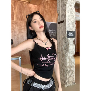 【現貨下單 】美式復古辣妹印花小可愛背心女蝴蝶蕾絲花邊黑色緊身顯瘦裹胸上衣