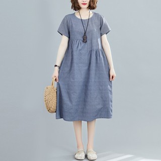 亞麻洋裝連身裙 夏季 新款 中大尺碼洋裝 寬鬆 顯瘦 中長款 格紋洋裝 棉麻洋裝