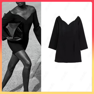 ZA 夏季新款女裝歐美風性感黑色短版氣質露肩緊身洋裝 1209331