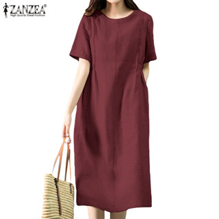 Zanzea 女式韓版休閒純色開叉寬鬆短袖圓領連衣裙