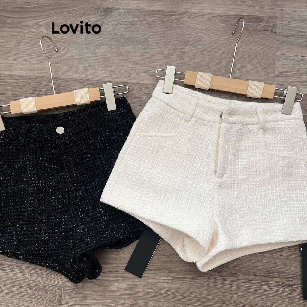 Lovito 女士休閒素色金屬口袋短褲 LNE40305