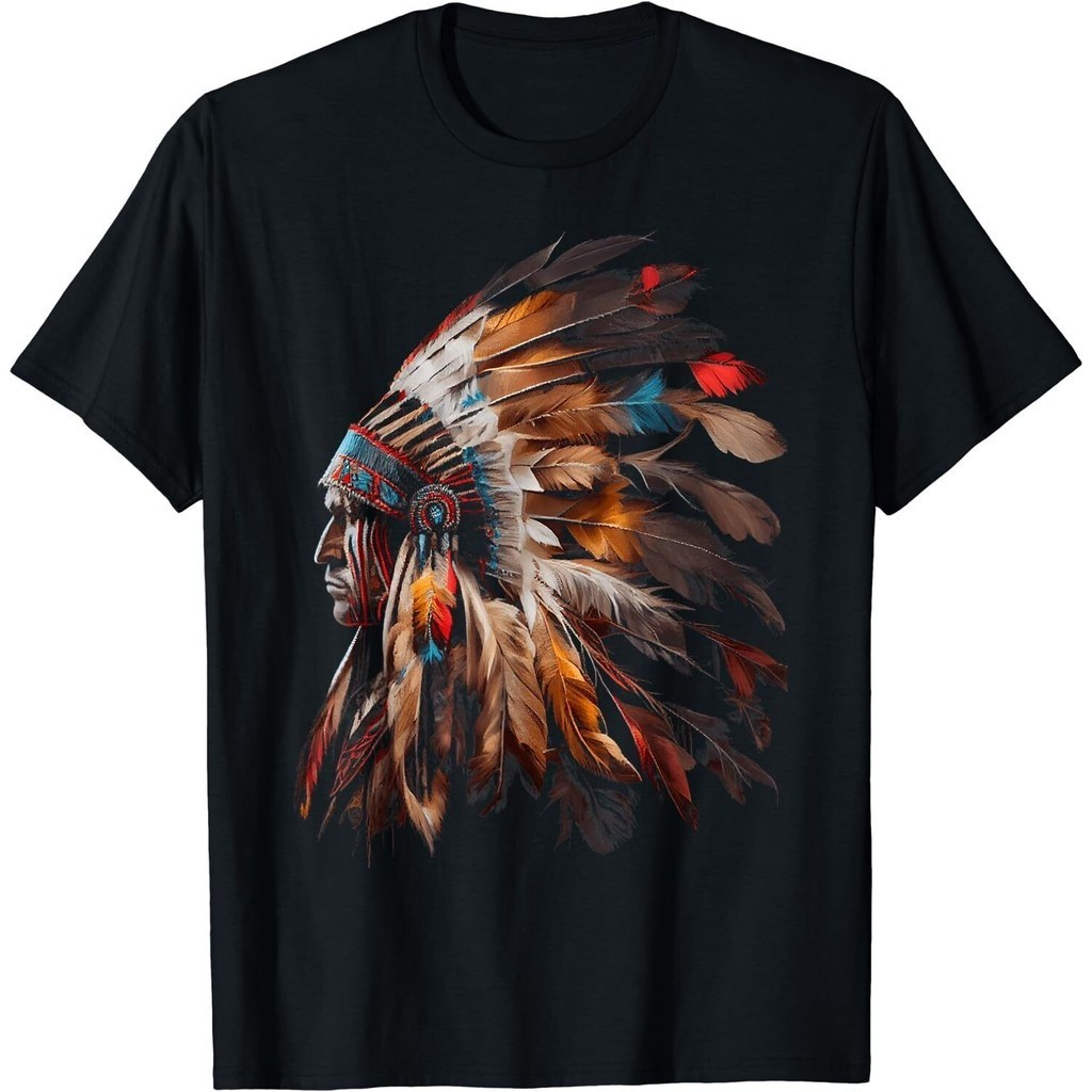 美國原住民印度頭飾圖案 T 恤男士 T 恤