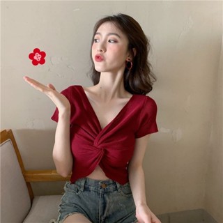 韓版chic素色短版短袖襯衫 小心機交叉V領短袖上衣女 夏季緊身針織衫