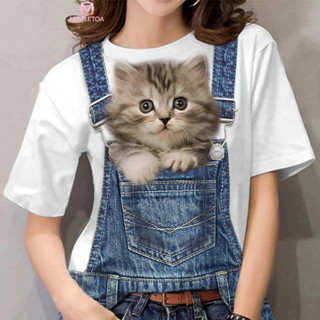 動物 3d 時尚貓印花襯衫女式圓領 T 恤趣味短袖彩色上衣夏季運動衫復古 T 恤