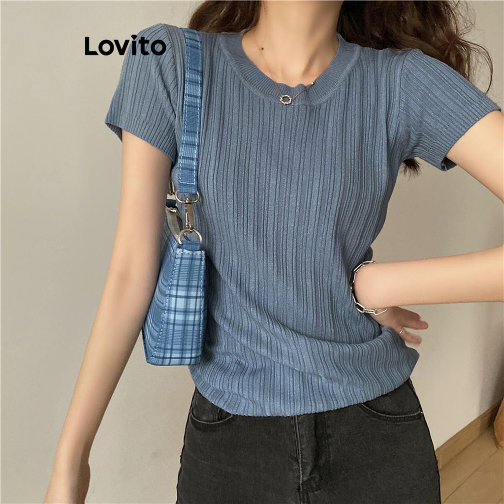 Lovito 女式休閒素色拼接針織上衣 LNE37346 (卡其色/白色/粉色/藍色/黑色)