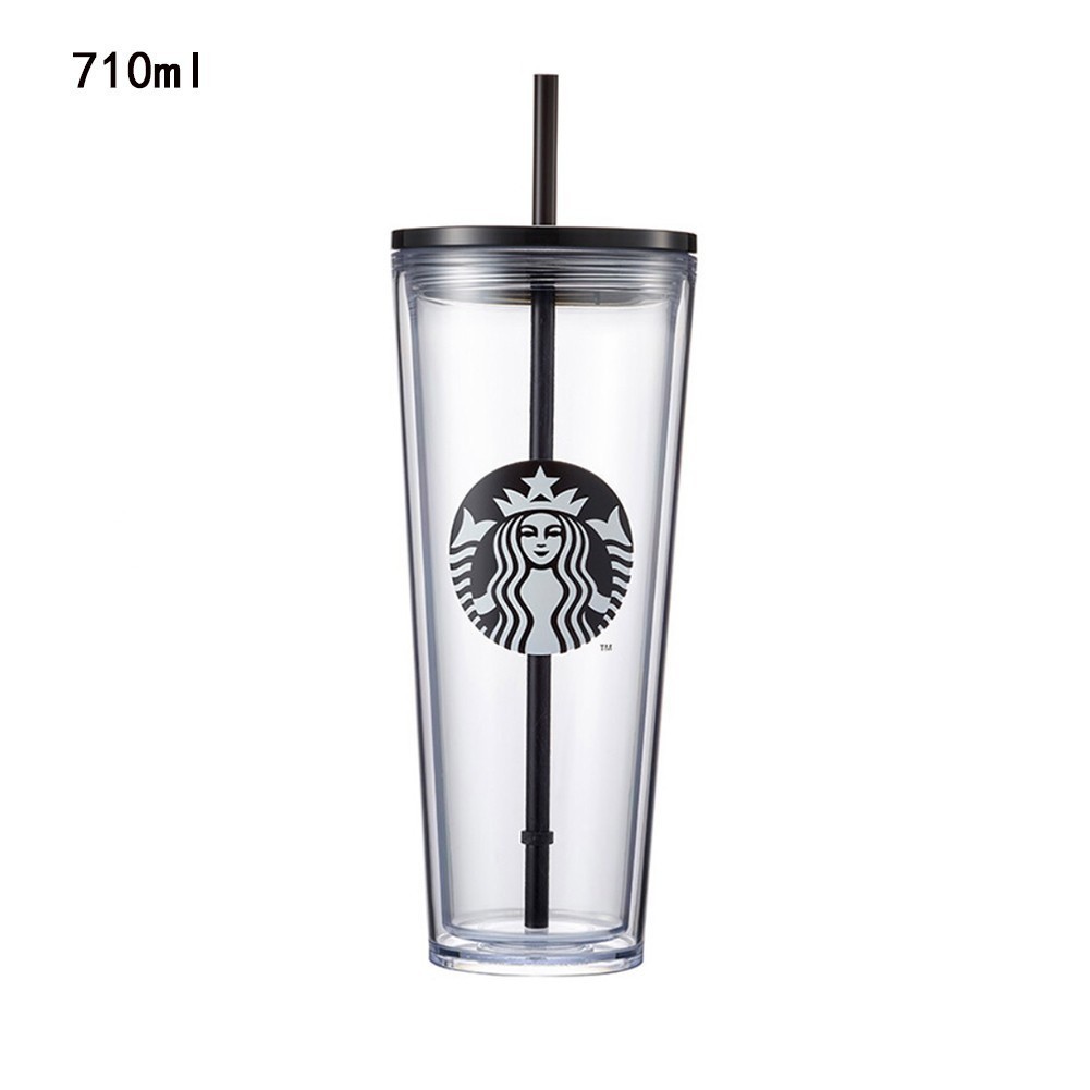 現貨 星巴克帶蓋吸管杯 Starbucks 比伯同款 710ML/473ML 雙層透明塑膠杯 可循環使用 環保杯 輕量隨