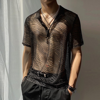 Incerun 男士韓版時尚透視網眼短袖翻領襯衫