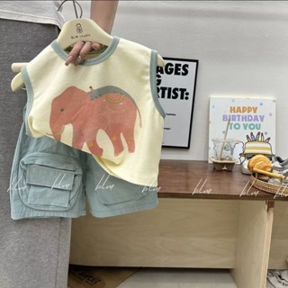 兒童套裝韓版卡通印花T恤夏季洋氣撞色寶寶純棉上衣短褲