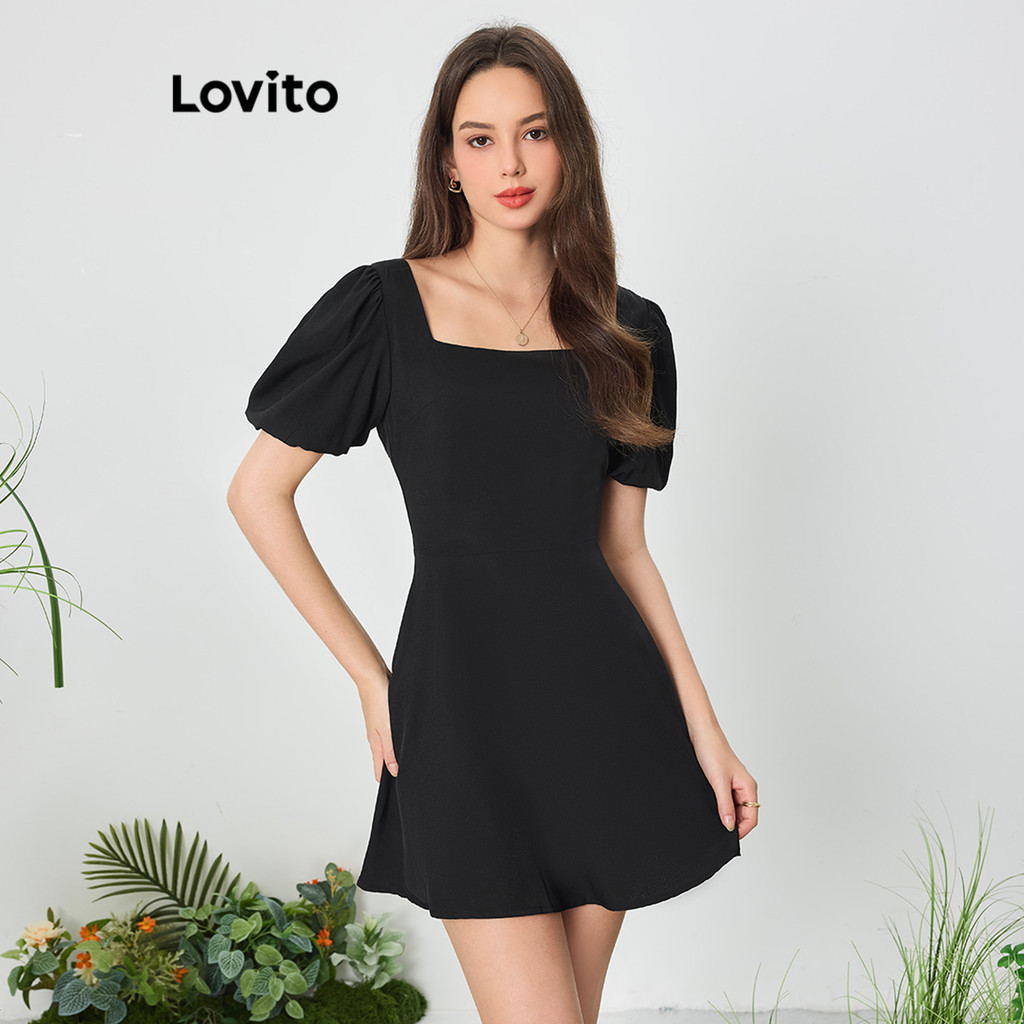 Lovito 女士可愛素色後抽繩連身裙 L87ED013