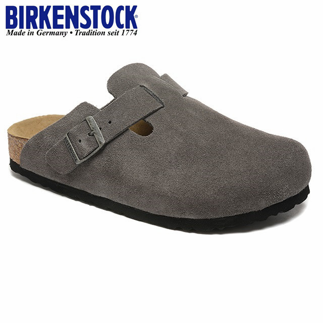 Birken@stock 軟木包頭半拖鞋深灰色絨面軟底涼鞋休閒舒適真皮半包頭拖鞋Boston系列（窄版35-40）