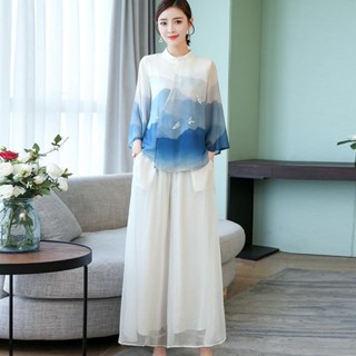優衣坊 現貨 民國中式唐裝套裝女復古禪意仙氣漢服夏裝中國風女裝改良旗袍上衣
