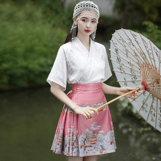 【桃喜Rich現貨】大碼印花馬面裙 短版馬面裙 夏季新款新中式改良漢服 印花粉色馬面裙小個子+白色襯衣兩件套