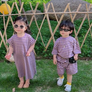 Smile Kids 臺灣現貨 兒童短袖套裝 兄妹裝2025夏季新款男女孩短袖短褲兩件套姊弟裝紫色條紋休閒上衣