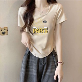 衣時尚 短袖T卹 印花T卹 字母上衣 基本款 M-2XL新款方領正肩短袖女魚骨修身顯瘦不規則下擺短款上衣-606.