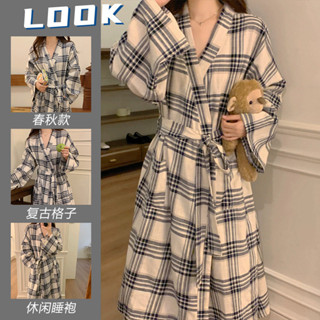 [D0311]ins法式睡袍女春秋新款休閒長款和服睡衣長袖晨袍中長款情侶高階感睡袍浴袍格紋家居服