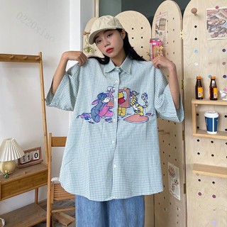 細格子卡通刺繡短袖襯衫女2023年夏季韓版新款寬鬆bf複古開衫上衣