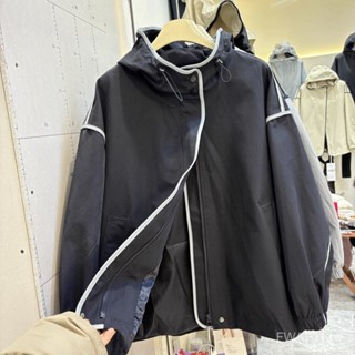 撞色連帽休閒外套女2025春季新款韓版洋氣工裝風衣寬鬆百搭上衣 9AAN