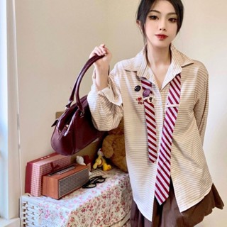 【HOT 本舖】 配領帶和3個胸針 時尚女秋季復古條紋長袖領帶襯衫上衣學院風