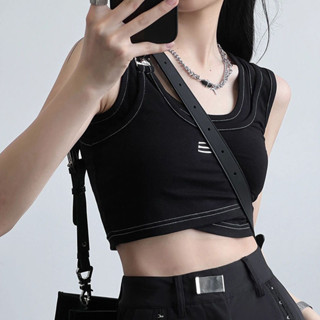 美式明顯個性美背背心 短款假兩件吊帶背心女 2024夏新款 ins潮 設計感小眾 港味甜辣妹上衣 無袖上衣 小可愛