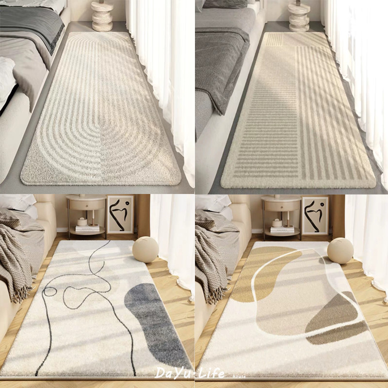 日式侘寂風仿羊絨地毯幾何線條毛絨臥室床邊毯耐髒隔涼飄窗墊子40x120cm,60x160cm