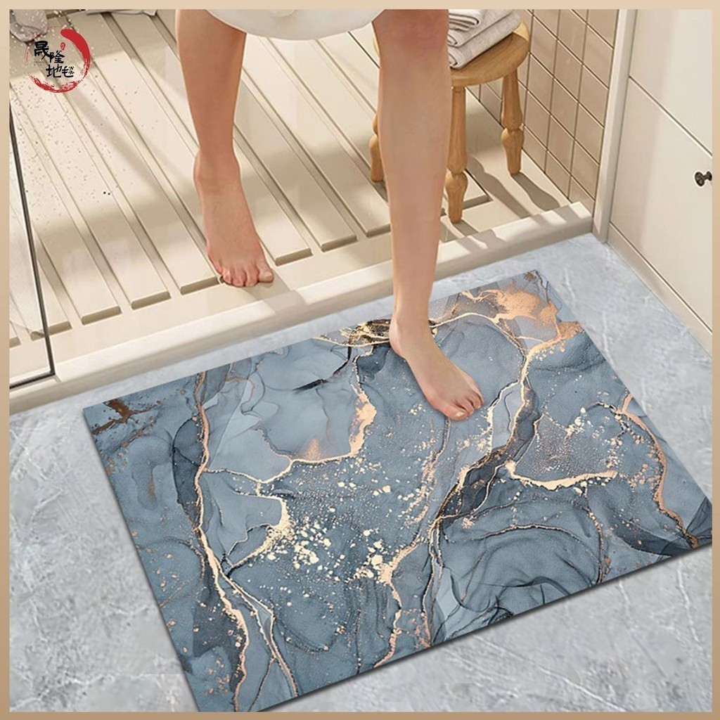 北歐輕奢大理石紋軟硅藻泥浴室吸水地墊 條紋防滑速幹防滑腳墊 衛生間地毯*&amp;*-