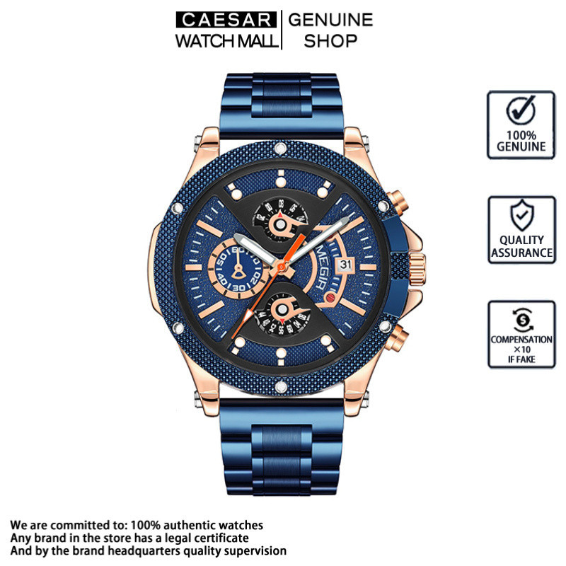 正品 MEGIR 2216G 男士金屬手錶不銹鋼錶帶多功能手錶夜光防水運動手錶