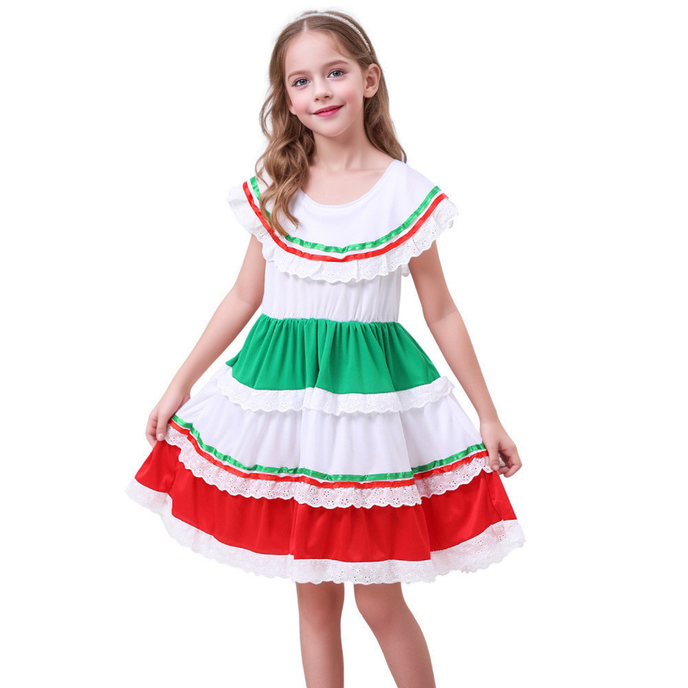 女孩墨西哥裙子 墨西哥女孩白色洋裝 兒童節日派對服裝 萬聖節 兒童舞臺表演服裝