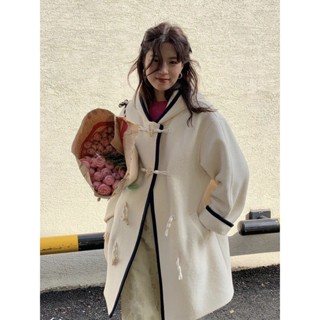 modest & mood 韓國冬季牛角扣中長款羊毛大衣連帽加厚外套女生