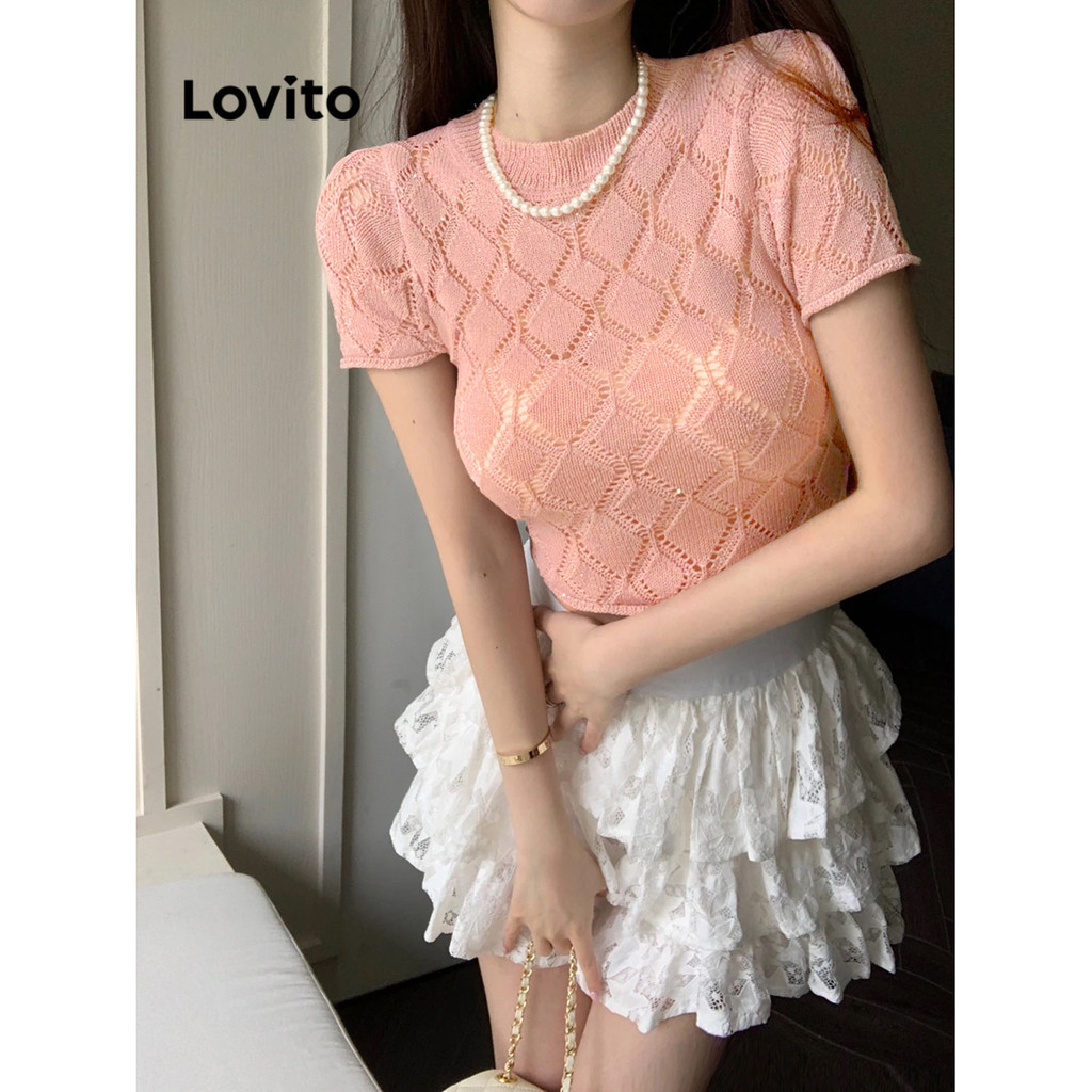 Lovito 女士休閒素色抽繩鏤空針織上衣 L87ED178