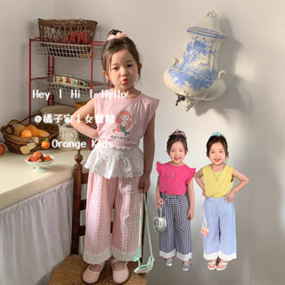Orange Kids🍊【90-150】女童春夏薄款格子長褲 女寶寶春秋多巴胺褲子 兒童九分褲 兒童防蚊褲 兒童寬褲