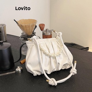 Lovito 休閒素色簡約大容量褶皺包帶珍珠手柄設計日常通勤女士小斜揹包 LFA67061