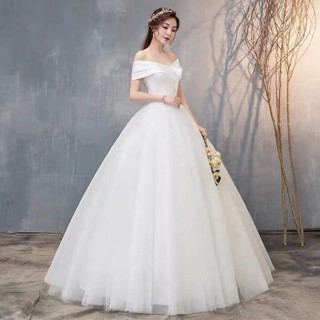 特價⚡[限時免運][現貨下殺]一字婚紗新款韓式新娘結婚森係簡約齊地禮服顯瘦