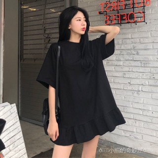 【臺灣出貨】特大碼300斤慵懶風夏季法式赫本短袖胖M寬鬆荷葉邊短裙連衣裙女大碼女裝 胖妹妹 大尺碼