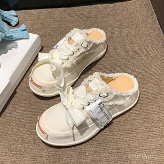 「KiraSole女鞋店」 厚底透氣時尚外穿小白鞋女衕款春夏季半拖鞋帆布鞋春夏懶人包頭鞋子半託鞋拖鞋