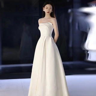 婚紗禮服法式抹胸輕主婚紗2025新款新娘小個子氣質簡約緞面出門紗宮廷風